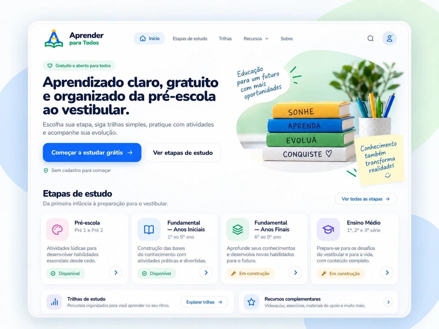 Visão da plataforma educacional Aprender para Todos