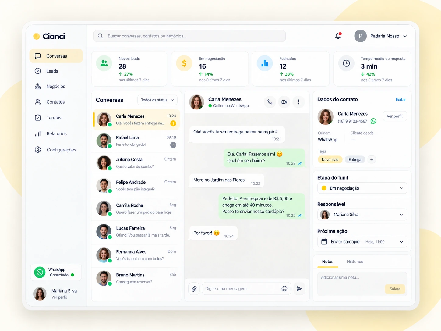 Visão do CRM para atendimento e vendas pelo WhatsApp